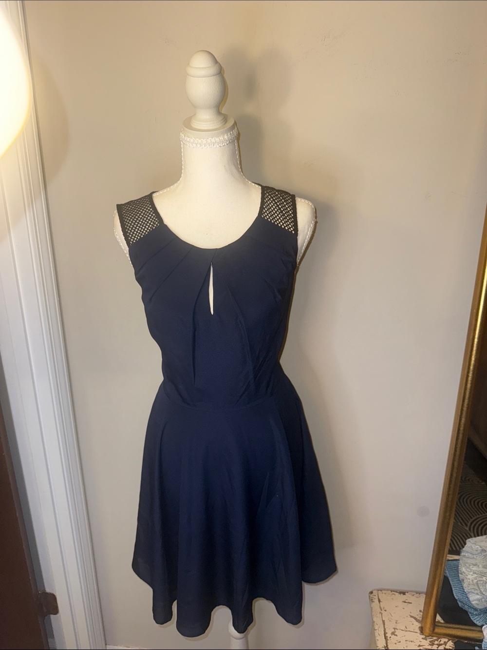 Express Navy Sleeveless Fit-and-Flare Dress with Mesh Shoulders